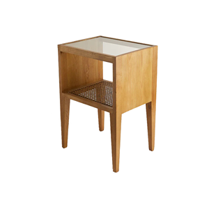 Plopy Nightstand Made of Solid Teak Wood Frame with <b>Rattan</b> and Glass Top for Indoor Bedroom - Product Image 1