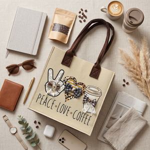 กระเป๋าผ้าสักหลาดลาย Peace Love Coffee พร้อมลายหัวใจเสือดาวและลายแก้วกาแฟ ดีไซน์เปิดด้านบน สำหรับเดินทางและแฟชั่น - Product Image 3