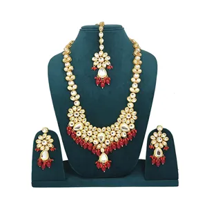 สร้อยคอยาว kundan หรูหราพร้อมลูกปัดสีแดงชุบทองทองแดงและเพทายสำหรับงานแต่งงานหรือของขวัญเจ้าสาวเครื่องประดับที่ดี - Product Image 1