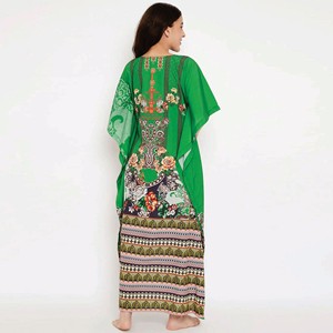 Custom Manufacture Slim Fit Polyester Crape Round Neck With Tie Up Ornate Borders Maxi Length Kaftan