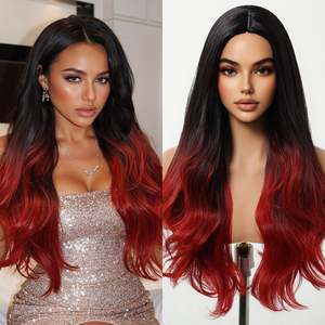 DWY High Temperature Fiber Synthetic Hair <b>Wig</b> Jet Black Red Mixed Glueless Body Wave Straight Style 14 Inches Lace High Quality - Product Image 4
