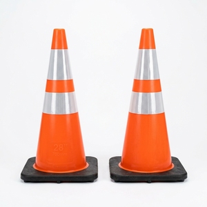 28 Inch PE Traffic Cone 700mm Weighted <b>Rubber</b> Base - High Visibility Orange Road Safety Cone with Reflective <b>Strips</b> - Product Image 1