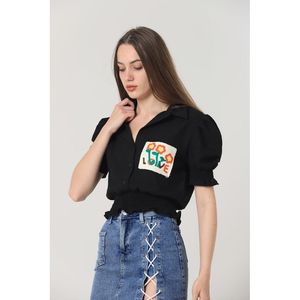 Camisa de Lino con Bordado Negro TOPSHOW para Mujer, Blusa Casual de Manga Larga con Detalle de Bolsillo, Venta al Por Mayor Disponible - Product Image 3
