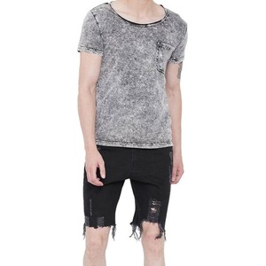 Camiseta de Mezclilla Lavada para Hombre, Corte Ajustado, Manga Corta, Cuello Redondo, Lisa, Casual, 100% Algodón Tejido con Bolsillo - Product Image 5