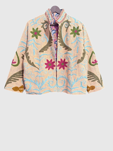 Hand Embroidered Floral Mandarin Collar Jacket Full Sleeve Lantern Sleeve Cotton Plus Size Women'<b>s</b> Spring Wear - Product Image 1