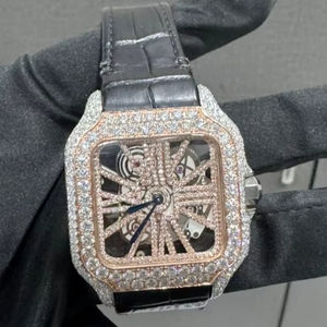 Superbe montre squelette mécanique analogique carrée unisexe Hip Hop, bracelet en cuir élégant, montre en acier inoxydable avec diamants en moissanite - Product Image 5