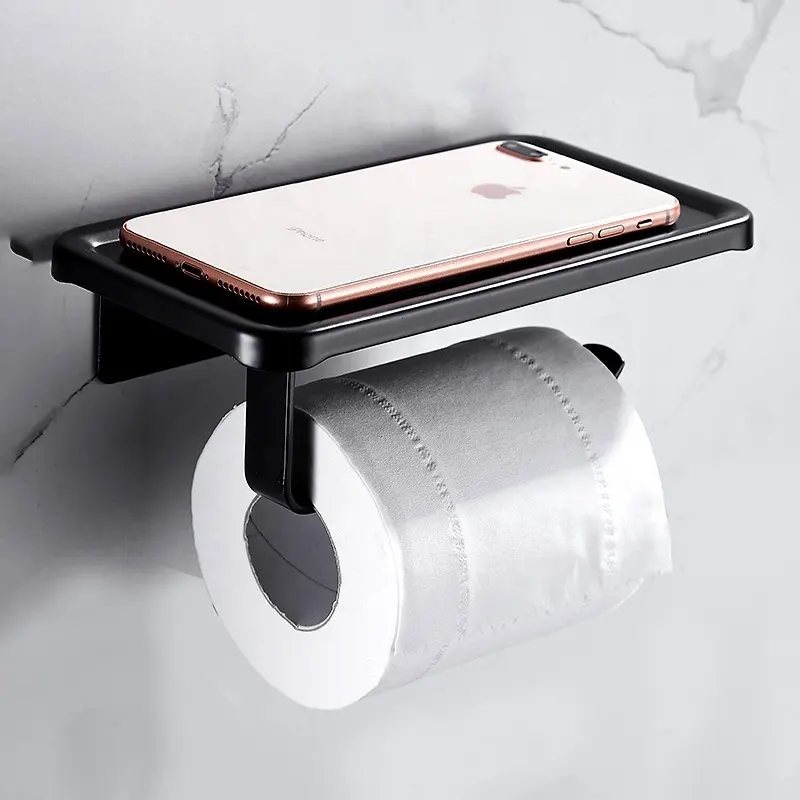 Aluminum Black Wall Mounted Tissue Roll Holder Towel Holder Bathroom Toilet Paper Holder With Mobile Phone Shelf