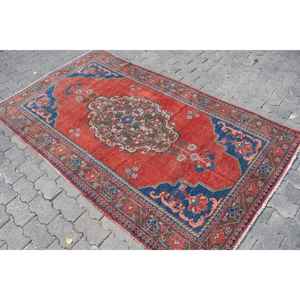 Alfombra Turca Vintage, Alfombra de 4.2x7.3 pies, Alfombra Floral Roja y Azul - Product Image 2
