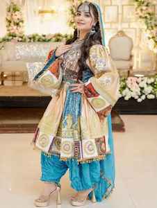 ชุดแต่งงานมีหลายสีให้เลือก ชุดแต่งงานแบบอัฟกัน คูชี ทำมือ ชุดราตรีสำหรับผู้หญิง ชุดปักลาย 3 ชิ้น - Product Image 2