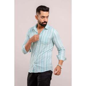 Chemise décontractée en coton à manches longues pour homme, imprimé rayé bleu turquoise, tissu popeline tissé, taille XL - pour l'automne - Product Image 1