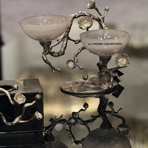 Bols luxueux de service de nourriture de fête de mariage et événements conception de forme de branches de fleur en métal avec la vente directe d'usine ronde en verre - Product Image 1