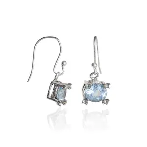 Boucles d'oreilles pendantes en argent 925 avec topaze bleue pour femmes - Cadeau, style classique religieux - Product Image 3