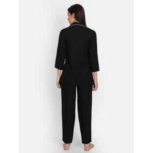 Women's Classic Black Rayon Solid Night <b>Suit</b> with Elastic Waist Soft Woven Fabric Customizable Logo ODM Supp - Product Image 2