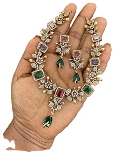 Vibrant Afghan Multi Color Navratna Style Emerald <b>Ruby</b> And Amethyst Crystal Floral Vine <b>Necklace</b> Set - Product Image 1