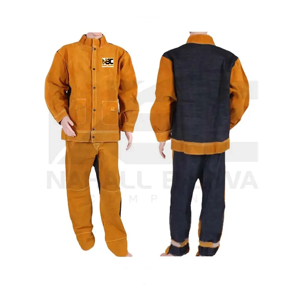 Deri kaynak takım güvenlik iş uzun kollu isıya dayanıklı dana bölünmüş deri kaynak ceketler ve kaynak pantolon