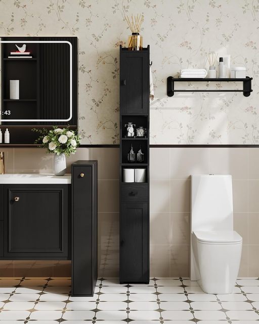 Narrow Tall Bathroom Storage Cabinet Organizer and Modern Wooden Furniture Slim Cabinets with Adjustable Shelf for Bathroom