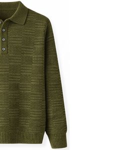 Suéter Polo de Punto Jacquard para Hombre, Manga Larga, Cuello con Botones, Informal, para Invierno, Color Verde Oliva, para Venta al por Mayor - Product Image 4