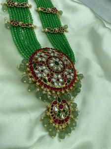 Ready Ship Ethnic <b>Gold</b> Plated Alloy Traditional Zircon Long Necklace <b>Set</b> Mint Color Matching Earrings Engagement Wedding Party - Product Image 3