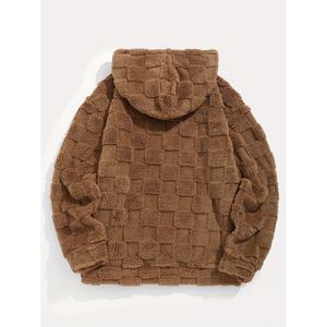 Mens Brown Textured Checkered <b>Sherpa</b> Pullover <b>Hoodie</b> with Kangaroo Pocket ODM Trackstar OEM Private Label - Product Image 2