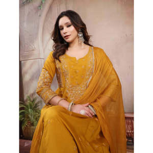 ชุดอานาร์กาลีผ้าไหมปักลายมัสตาร์ดสำหรับผู้หญิง พร้อมผ้าคลุมไหล่ ทรงเอ็มไพร์ - Product Image 5