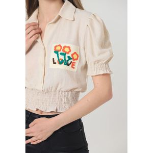 Camisa Elegante para Mujer TOPSHOW, Color Taupe, Mezcla de Lino Bordado, Blusa Casual de Algodón y Poliéster con Detalle de Bolsillo, Venta al Por Mayor - Product Image 4