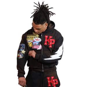 Conjunto Deportivo para Hombre con Sudadera con Cremallera y Parches Gráficos, Pantalones Jogger, Estilo Urbano Informal - Product Image 1