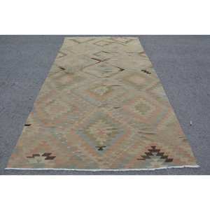 พรมตุรกีโบราณสีเบจแบบดั้งเดิม5.5X3.7ฟุตการเย็บปะติดปะต่อกันวัสดุขนสัตว์ยางพาราสำหรับตกแต่งห้องนั่งเล่น - Product Image 1