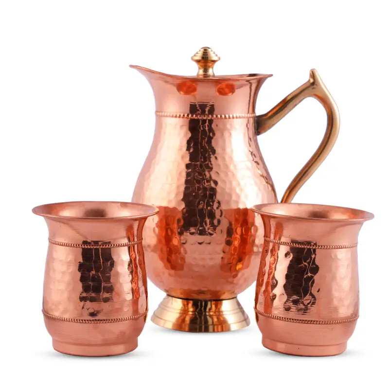 純銅槌で打たれた水差しと飲用グラス付きピッチャー手作りの高品質銅製品製造