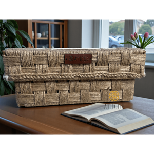 Eco-Friendly 10x10x5 Inch Woven <b>Jute</b> and Cotton Storage <b>Basket</b> with Lid Multipurpose Organizer for Living Room Home Use - Product Image 6