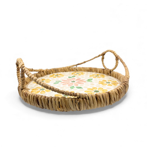 Plateau en rotin avec incrustation de nacre bohème, design flexible fait à la main, bord en jacinthe d'eau, décoration de table à domicile, service de nourriture - Product Image 2