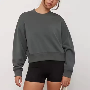 2025 femmes décontracté surdimensionné col rond pull sweat à capuche à la mode épaule tombante 100% coton avant Logo court - Product Image 3