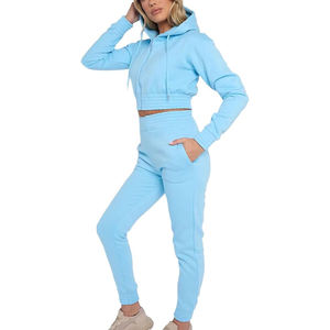 Ensemble de survêtement décontracté pour femme, bleu ciel, avec sweat à capuche court et pantalon de jogging, tenue de sport athlétique, couleur unie, 100 % coton - Product Image 3