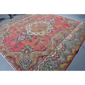 Tapis Turc Oriental Vintage de 9.9x9,9 pieds, Tissage Plat en Laine, Patchwork Rouge Bleu, pour Décoration de Salon, Style Classique, Largeur 4m, Latex - Product Image 2