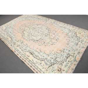 Vintage Turkish Rug, 5.8x9 ft Rug, Green <b>Yellow</b> Solid <b>Wool</b> Rug - Product Image 1