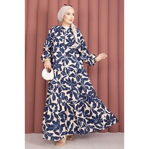 Robe en viscose bleu marine à demi-boutonnage pour femme, motif feuilles élégant, respirante, grandes tailles, décontractée, pour le quotidien et les fêtes, du XS au XL - Product Image 4