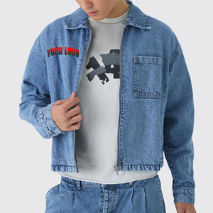 Nouvel article tendance Veste à fermeture éclair en jean à capuche lavée pour hommes 100% coton personnalisé sérigraphié logo hip hop Veste en jean pour hommes - Product Image 4