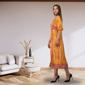 Robe midi tendance de luxe à imprimé orange moutarde avec col en V, manches trois quarts, élégante, décontractée, de créateur, vente en gros - Product Image 4