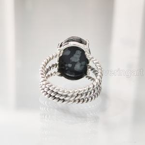 Bague pour femme en obsidienne flocon de neige naturelle, 3 bandes torsadées, bijou de déclaration pour Noël et mariage, en argent sterling 925 - Product Image 5