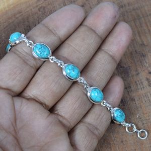 Bracelet personnalisé en argent sterling 925 plaqué rhodium, pierre précieuse turquoise bleue naturelle, fait à la main, bijoux fins de créateur - Product Image 5