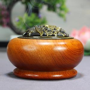 Porte-encens rond en bois pour bâtons d'encens et cônes avec incrustation en laiton étoile et lune - Product Image 2