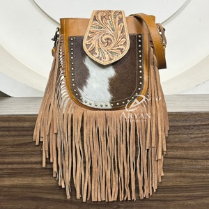 Wholesale Custom Genuine Cowhide Hand Tooled Leather Fringe Shoulder Bag Adjustable Strap Crossbody <b>Handbag</b> Purse for Women's - Product Image 1