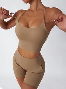 Ensemble de vêtements de sport de yoga respirant et sans couture pour femmes, 2 pièces, short taille mi-haute, fermeture élastique sur le devant, imprimé uni, entraînement en salle de sport, séchage rapide - Product Image 4