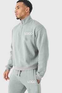 Conjunto de Sudadera con Cierre de 1/4 y Pantalones Deportivos Acampanados, 100% Algodón, con Logotipo Personalizado Estampado, Diseño Corto Holgado, Informal, para Entrenamiento, para Hombre y Mujer - Product Image 2