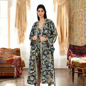 Women's <b>Flowy</b> Black and Blue Paisley Silk Sari One Size Cami Kimono Set with Chiffon <b>Top</b> - Product Image 2