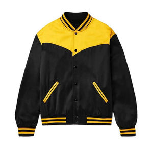 เสื้อแจ็กเก็ตเบสบอลผ้าซาตินแขนยาวของผู้ชายเสื้อแจ็กเก็ตผ้าซาตินผ้าโพลีเอสเตอร์มีสีตัดกัน - Product Image 1