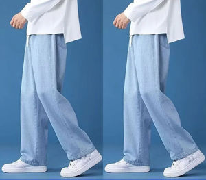 Pantalones vaqueros de mezclilla largos para hombre, personalizados, de algodón, de verano, con cordón, a la moda, holgados, de pierna recta, casuales - Product Image 5