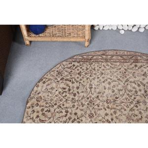 พรมตุรกีวินเทจ, พรมทรงกลมขนาด 3.9x3.9 ฟุต, พรมขนสัตว์ลายทางสีน้ำตาลเบจ - Product Image 5