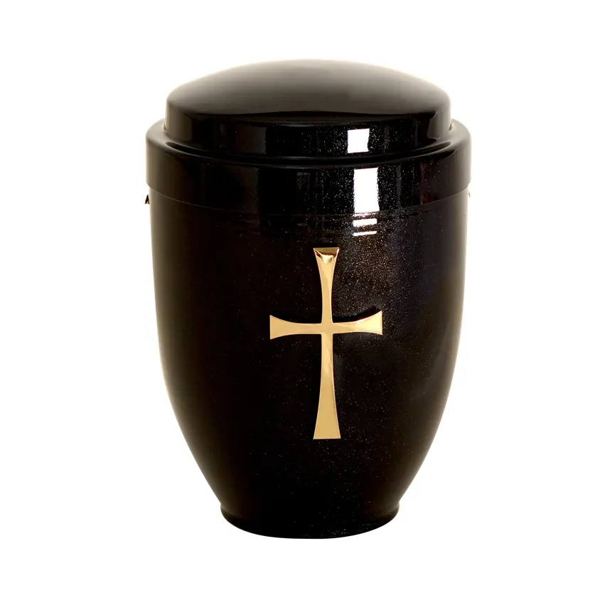 Urne de crémation en métal enduit noir avec croix d'or Fournitures funéraires Urne de stockage de cendres humaines au prix de gros