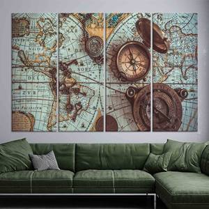 Impresión en Lienzo de Mapa del Mundo Antiguo: Arte de Pared con Brújula de Latón, Juego de 4 Lienzos - Product Image 1