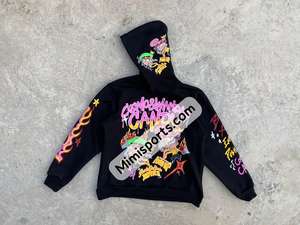 Sudaderas con capucha de tendencia para hombre negro con puntos de cepillo rosa y verde impreso Borde de dobladillo crudo corte inferior gran desgastado lavado con ácido - Product Image 3